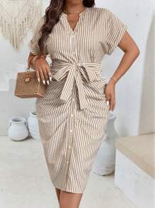 SHEIN Clasi Damen Große Größen gestreiftes Kleid mit V-Ausschnitt, gerafftem Raglanärmel und schmeichelhafter Passform - Braun - Übersicht 3