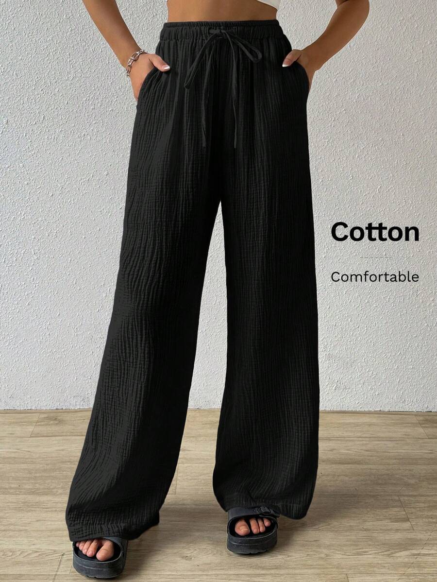 SHEIN EZwear Loose Wide-Leg Pants With Textured Wrinkled Fabric And Drawstring Waist - Black - View 1