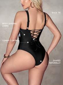 SHEIN Swim Women's One-Piece Swimsuit, Casual Vacation Party Tight Solid Color Beachwear For Summer - Black - View 2