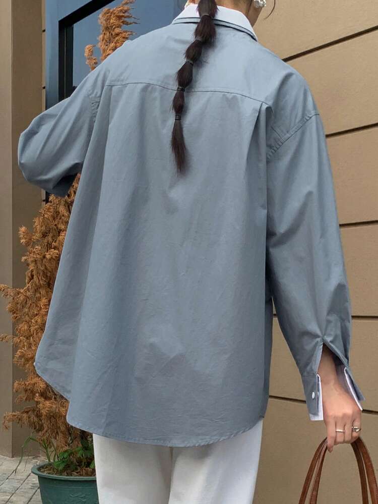 Loose-Fit Contrast Color Button-Front Pocket Long Sleeve Blouse For Women,Fall Clothes