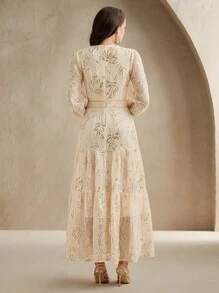 Anewsta Elaire 春季优雅纹理亮片面料 V 领长袖连衣裙，度假、海滩、休闲、复古、时尚 - 杏色 - 查看 2