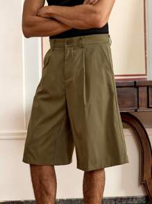 SWAVVY Pantalones cortos verdes anchos de verano con diseño plisado y bordado de unicolor para hombre, para el verano y la escuela