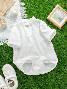 SHEIN Casual Daily Baby Unisex Stand-Up Collar Cardigan Bodysuit, Suitable For Spring And Summer Wear, Indoor And Outdoor