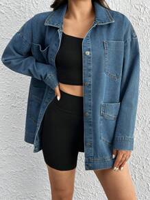 EURMUSE Women Rigid Distressed Snow Wash Denim Jacket - Medium Wash - View 3