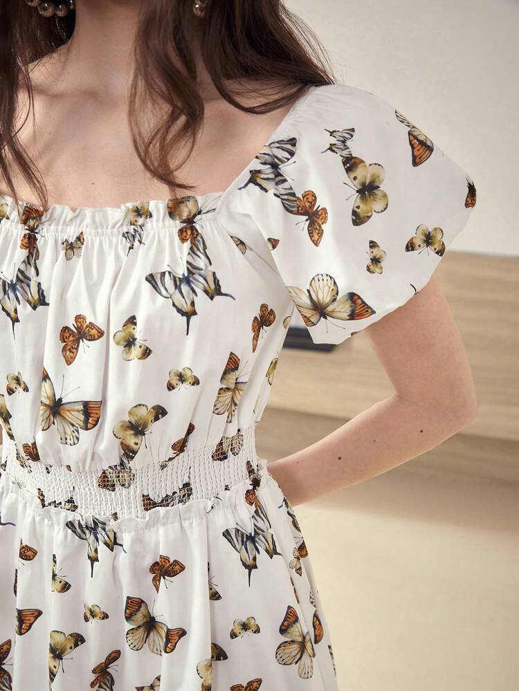 MOTF STUDIO BUTTERFLY PATTERN SHIRRED DRESS