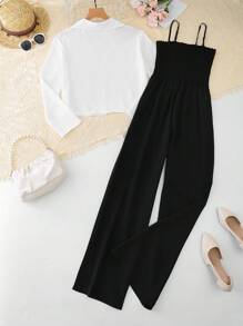 Franclia 2件套女士休闲白色衬衫和黑色连体裤套装 - 黑與白 - 查看 2