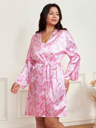 HELLO KITTY AND FRIENDS | SHEIN 大码光泽丝滑全身印花性感可爱夏季长袍，粉色