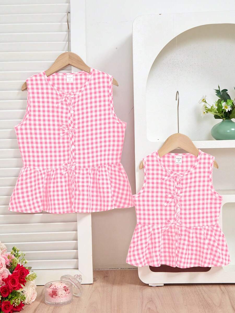 青少年女孩简约时尚经典红色格子无袖休闲衬衫