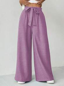 Zielony Pantalones casuales anchos y sueltos con cintura de corbata de unicolor para mujeres