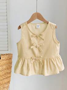 SHEIN 年轻女孩可爱夏季百搭粉色条纹蝴蝶结无袖上衣 - 黃色 - 查看 8