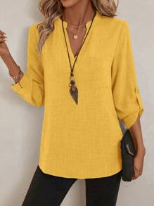 EMERY ROSE Áo sơ mi công sở in hoa cổ chữ V tay 3/4 cho nữ, mùa xuân - Màu vàng - Xem 5