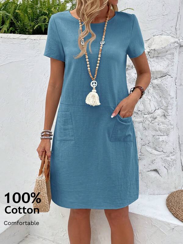 EMERY ROSE Women Solid Color Short Sleeve Casual Dress, Summer
