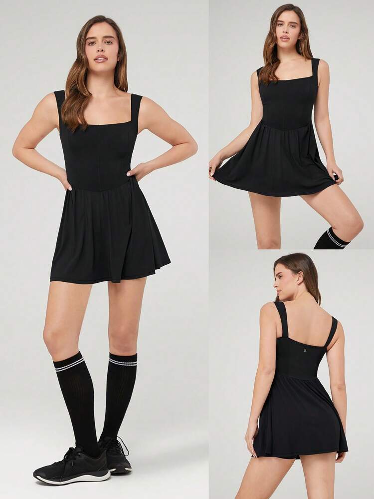 Quick-Dry Game On Sweat-Wicking Peekaboo Full Underarm Corset Dress With Built-In Shorts Side Pockets Non-Slip Grips Low Impact Tennis Golf Pickleball Daily Wear Removable Cups