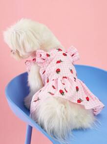 PETSIN 1 件宠物狗和猫通用花卉格子草莓印花可爱盖袖连衣裙，甜美乡村风格 - 彩色 - 查看 2