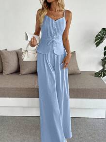 Almamuse Set de 2 piezas: Top de tirantes ajustado informal con nudo delantero y pantalón de pierna ancha - Azul - Ver 5