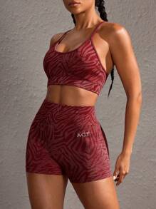 Powerista 女士简约时尚运动文胸和短裤套装，休闲日常健身女士套装 - 酒紅色 - 查看 6