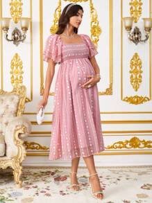 SHEIN Maternity Floral Jacquard Shirred Ruffle Sleeve Elegant Midi Dress,Pink Maternity Dress - Khaki - View 1