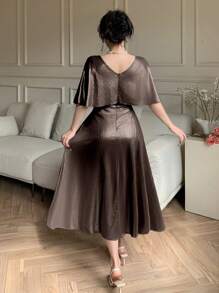 DAZY Váy dài vừa phải cổ chữ V màu trơn thanh lịch cho khách dự tiệc cưới, mùa hè - Màu hồng gỉ - Xem 2