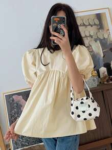 DAZY Women's Oversize Puff Sleeve Solid Color Cute Short Sleeve Pullover Blouse Summer,Ruffle Babydoll Top - Apricot - View 8