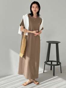 FRIFUL Women Brown Long Embroidered Graphic Print Summer Dress Sundress - Brown - View 4