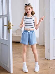 Tween Girls Summer Casual Light Washed Letter Elastic Waist Striped Casual Baggy Shorts - Light Wash - View 3