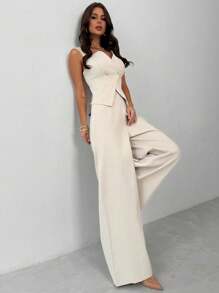 Firerie Conjunto elegante de 2 piezas de camisa asimétrica sin mangas con botones metálicos delanteros abiertos y pantalones de pierna ancha para uso en festivales, oficina y uso diario, en color albaricoque que estiliza y alarga