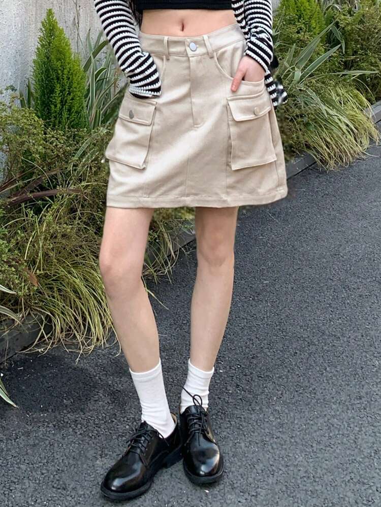 Women Solid Color Cargo Pocket Short Casual Versatile A-Line Skirt Fall Skirts