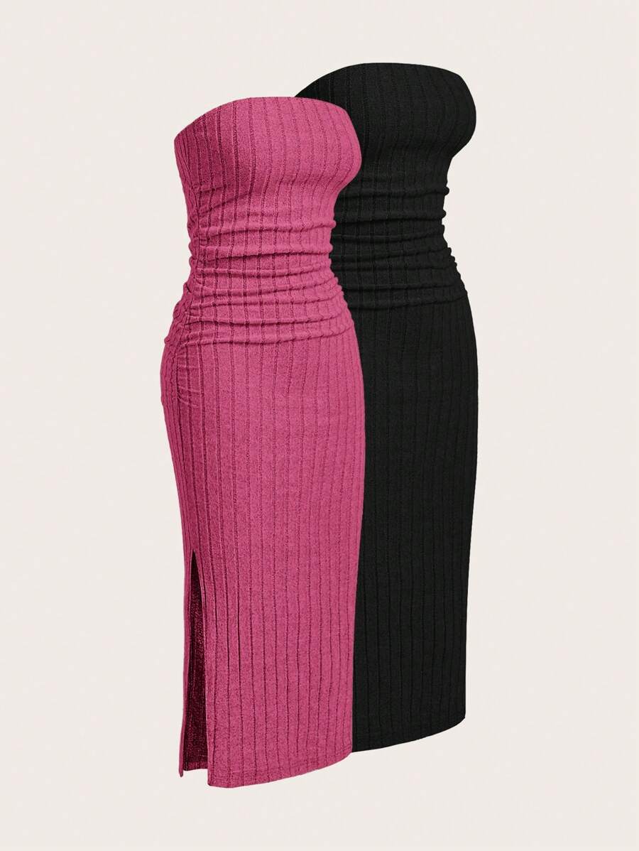 SHEIN EZwear 2 Pieces Set: Brushed Ribbed Side Slit Fitted Tube Top Dress,Summer Dresses For Women - Hot Pink - View 1
