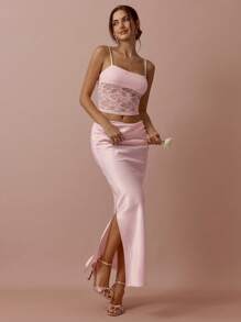 Enchnt 春夏浪漫女士淡粉色玫瑰蕾丝吊带背心和缎面美人鱼长裙套装，甜美、优雅、性感，适合度假、约会、节日、派对、毕业典礼、婚礼宾客和海滩、舞会套装、女士音乐会节日服装、女士复活节服装、女士夏季服装、女士两件套、夏季服装 - 粉色 - 查看 3