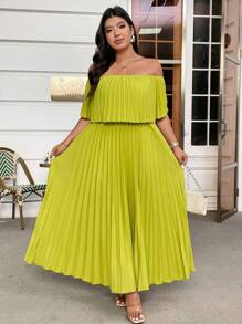 DreamSkyne 大码优雅露肩褶皱连衣裙 - 綠色 - 查看 4