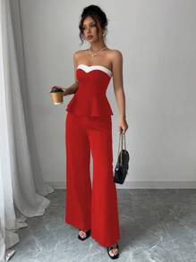 Elenzga Women's Contrast Color Bandeau Top With Ruffle Hem And Pants Fashionable 2 Pieces Set - Red - View 1