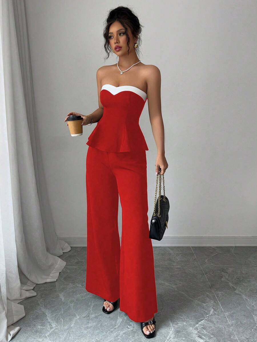 Elenzga Women's Contrast Color Bandeau Top With Ruffle Hem And Pants Fashionable 2 Pieces Set - Red - View 1