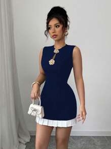 Rafferiza 女式拼色镂空金属扣荷叶边下摆无袖优雅连衣裙 - 藏蓝色 - 查看 6