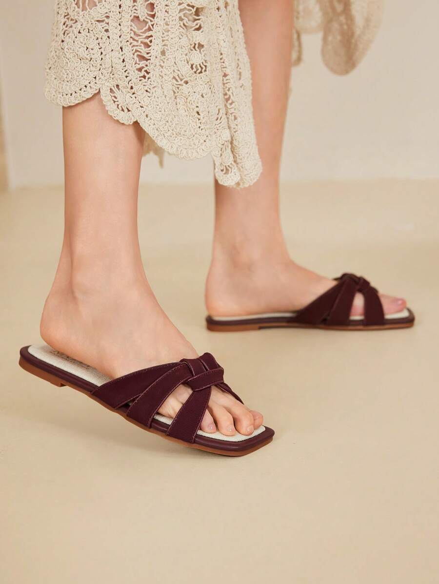 MOTF PREMIUM WOMEN'S CASUAL COMFORTABLE SQUARE TOE FLAT SANDALS FOR CHRISTMAS - Burgundy - View 2