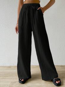 SHEIN EZwear Pantaloni largi cu picioare largi, cu țesătură șifonată texturată și talie cu șnur