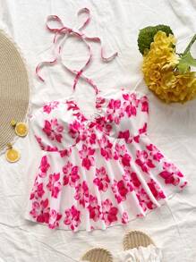 Soleia Femme Blouse ras-du-cou à Nouer Devant avec Imprimé Floral Rose et Blanc pour Vacances, Mariage, Fête, Vacances, Festival de Musique, Style Bohème Chic - Rose bonbon - Voir 1