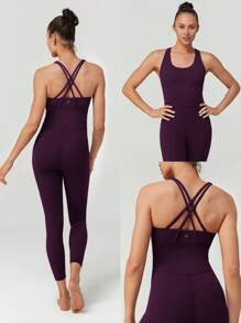 GLOWMODE 26英寸 FeatherFit™-Air 交叉后背圆领舒适连体衣 低冲击瑜伽日常可拆卸罩杯 - 櫻桃可樂 - 查看 8