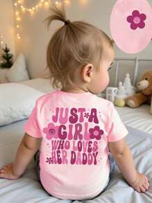 SHEIN Young Girl Basic Short Sleeve Slogan Print T-Shirt - Pink - View 1