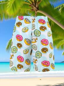 Tween Boy Donut Print Drawstring Waist Beach Shorts - Multicolor - View 2