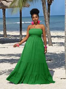 Slaydiva Plus Size Solid Green Holiday Casual Style Strapless Dress,Summer Dresses For Women - Green - View 4
