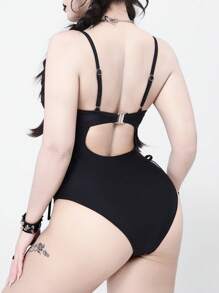 ROMWE Goth 1pc Women's Solid Color Hollow-Out Sexy Backless Monokini Swimsuit, Vacation