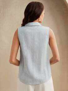 Blusa elegante sin mangas con cuello Mao, bordado floral y cuentas para mujer, estilo minimalista, fresco y grácil, encanto retro, adecuado para invitados de boda, Día de San Valentín - Azul - Ver 2