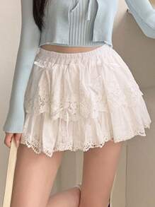 DAZY 女士蝴蝶结装饰蕾丝迷你裙 秋季短裙 低腰 - 白色 - 查看 6