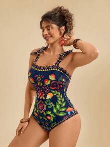 Travachic Traje de baño de talla grande para mujer con estampado retro tropical, lazo en los hombros y envolvente