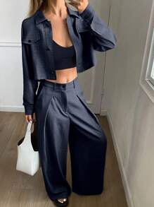 DAZY 女士休闲两件套，纯色宽松短袖衬衫和阔腿裤，春夏秋季家居服套装