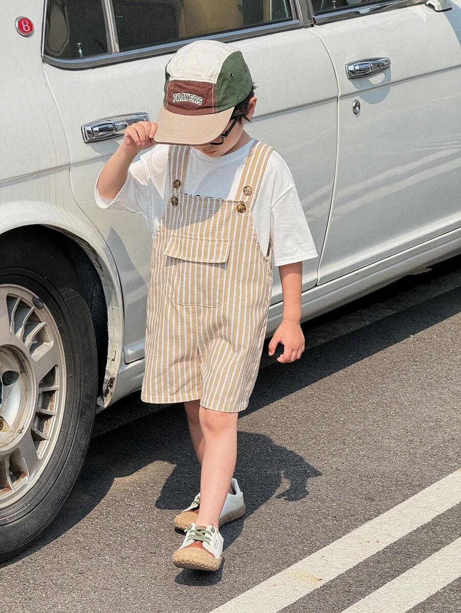 SHEIN 1pc Young Boy Casual College Style Comfortable Fashion Versatile Soft Green Plaid Fabric Soft Bib Pants, Suitable For Spring/Summer - Khaki - View 1