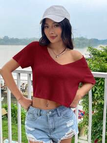 SHEIN EZwear Women's Knitted Red Short Sleeve V-Neck Cropped T-Shirt, Waffle Knit Crop Top For Summer