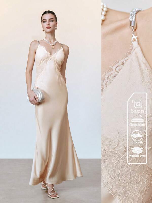 Arave Women's French Style Lace Faux Silk Blend Diamond Strap Sexy Fitted Deep V-Neck Maxi Fishtail Dress, Suitable For Party Spring/Summer
