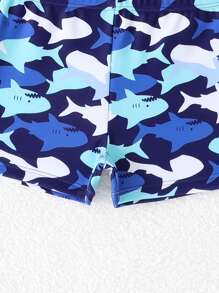 SHEIN Young Boy Cartoon Shark Print Swimsuit Set , Suitable For Beach Swimming