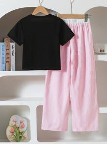 SHEIN Tween Girls 2pcs Set, Black Short Sleeve Ruffle Bow & Heart Decor Top + Pink Striped Straight Leg Pants - Multicolor - View 2
